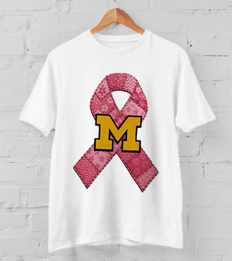 Michigan Wolverines Breast Cancer Awareness Pink Ribbon Patch T-Shirt