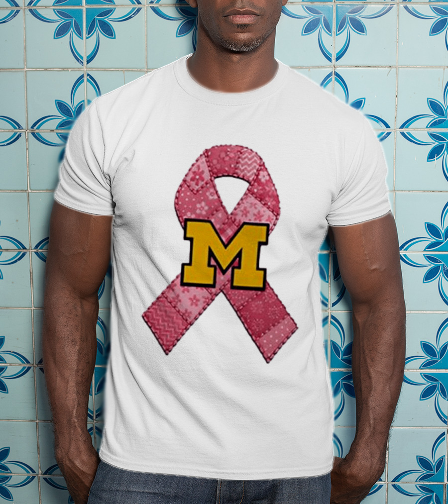 Michigan Wolverines Breast Cancer Awareness Pink Ribbon Patch T-Shirt