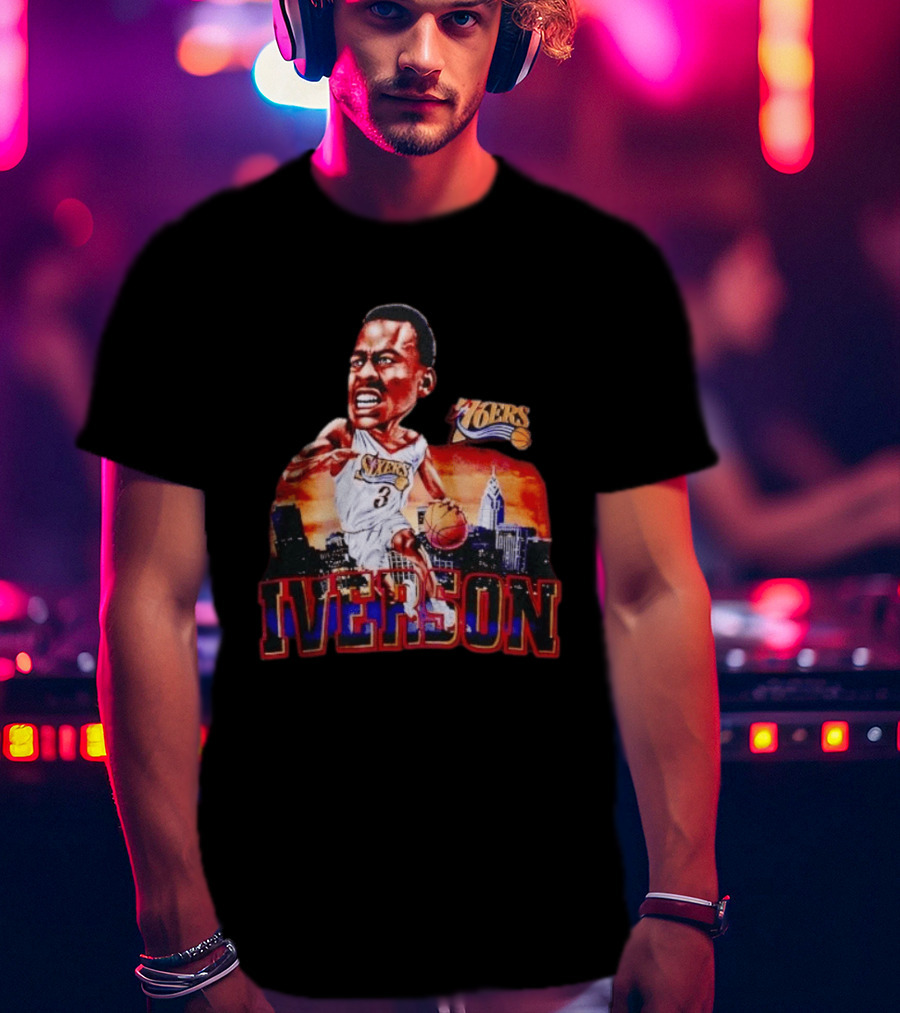 Allen Iverson 76ers Caricature With Philadelphia Skyline T-Shirt