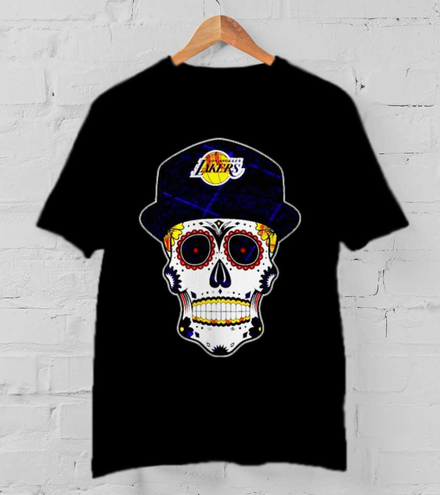 Los Angeles Lakers Sugar Skull Día De Muertos Hat Butterfly T-Shirt