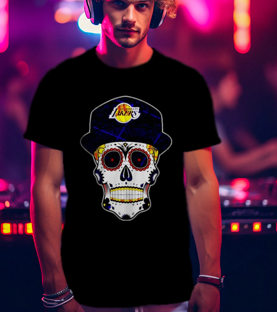 Los Angeles Lakers Sugar Skull Día De Muertos Hat Butterfly T-Shirt