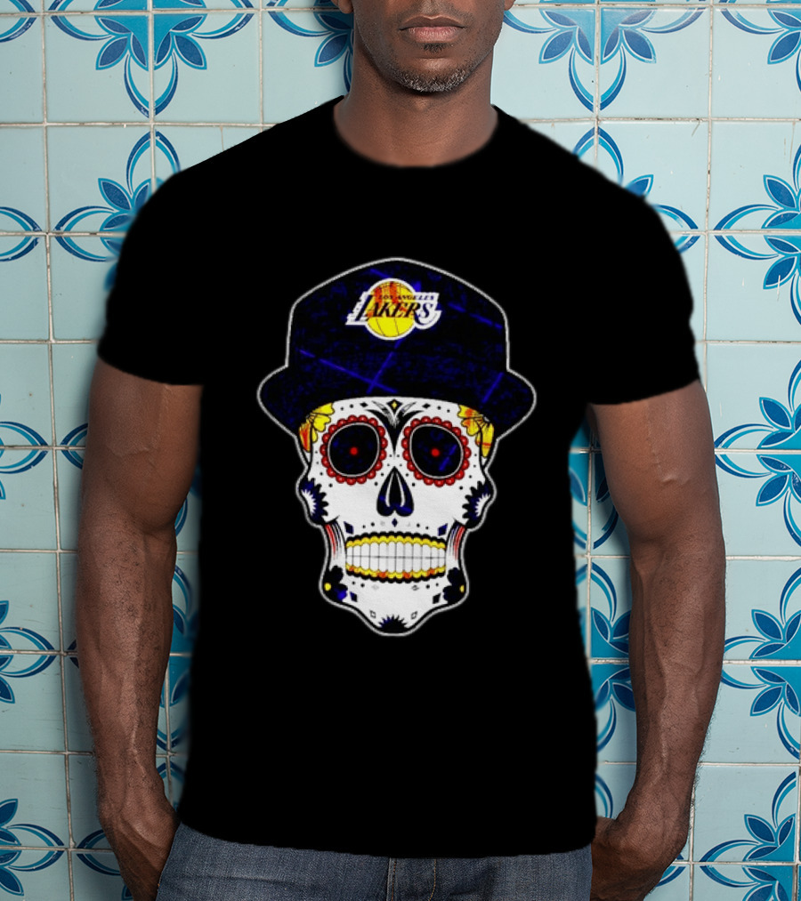 Los Angeles Lakers Sugar Skull Día De Muertos Hat Butterfly T-Shirt
