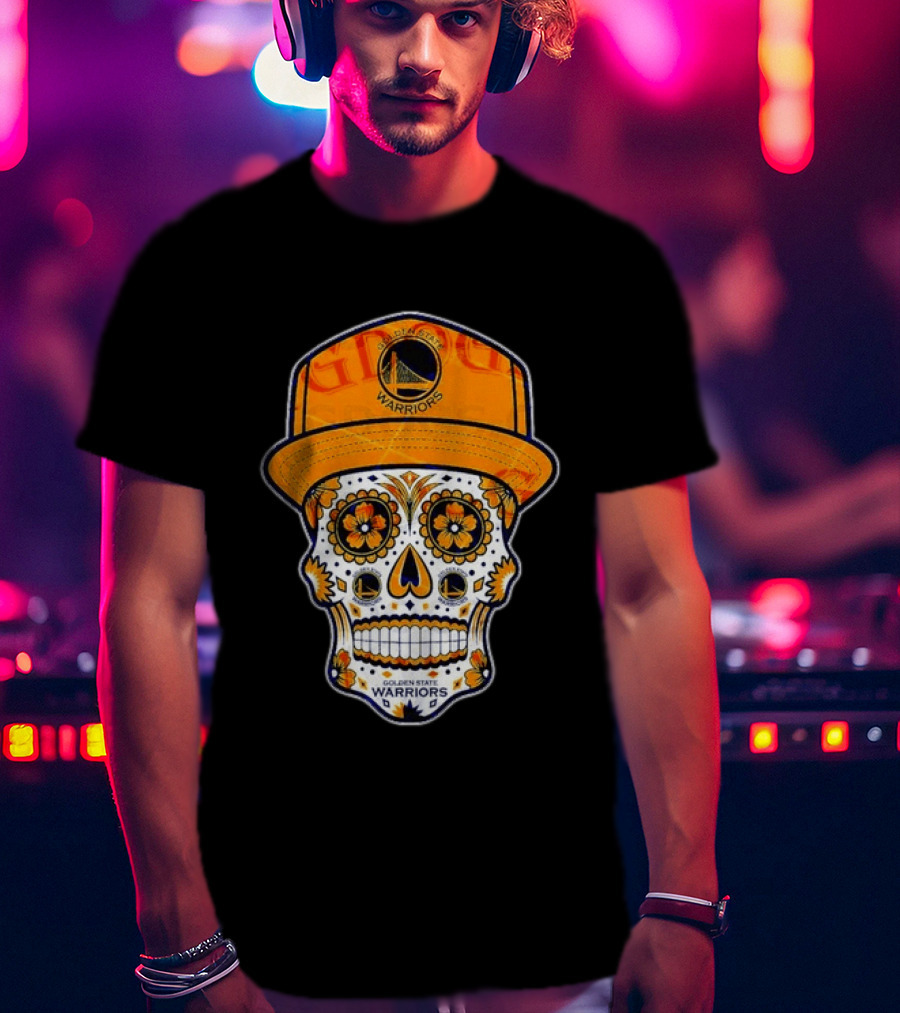 Golden State Warriors Sugar Skull Día De Muertos Cap And Floral T-Shirt