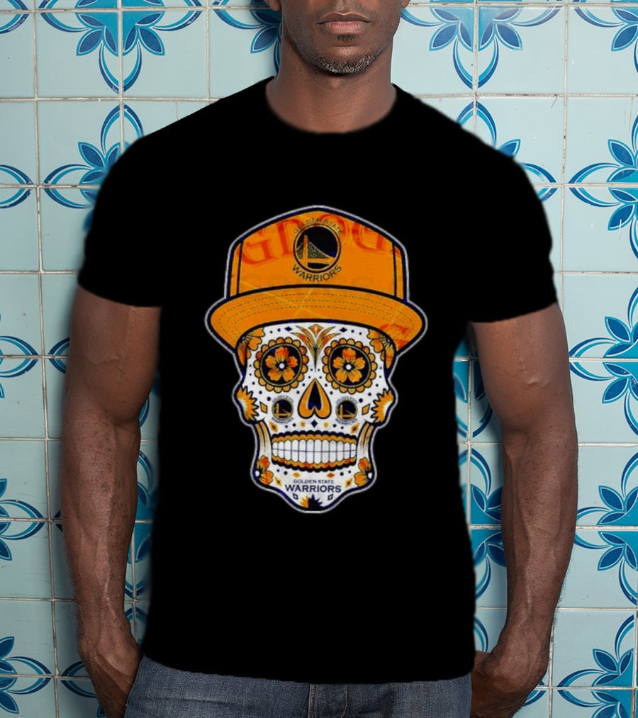 Golden State Warriors Sugar Skull Día De Muertos Cap And Floral T-Shirt