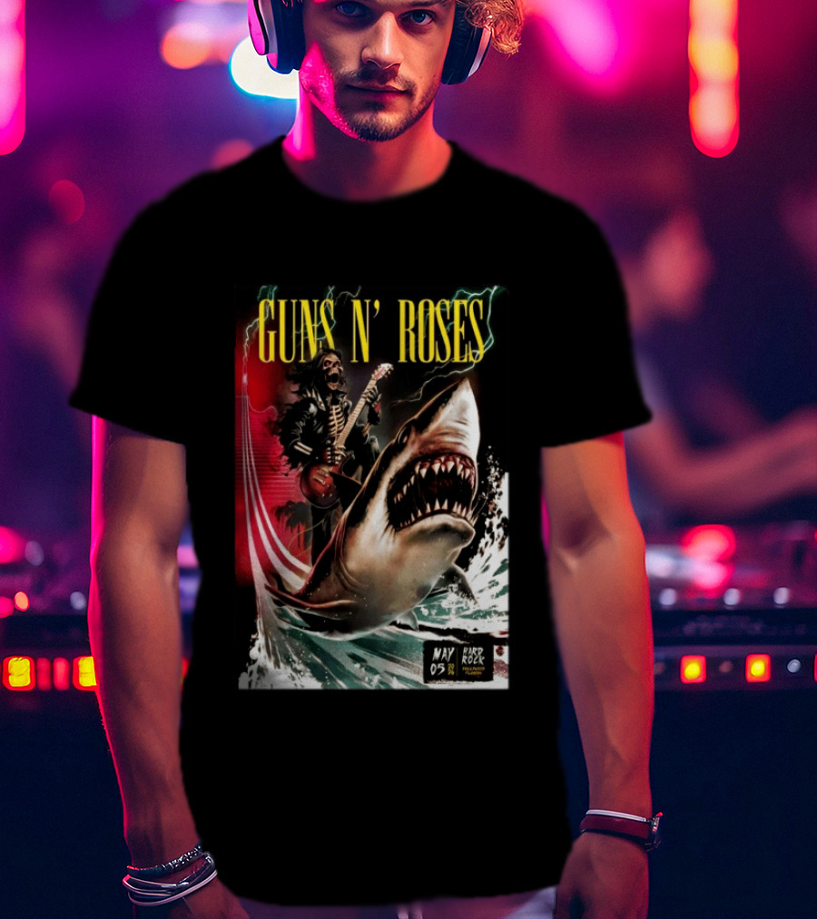 Guns N' Roses May 05 2026 Hard Rock Live Hollywood Concert Skeleton Guitarist Shark Wave T-Shirt