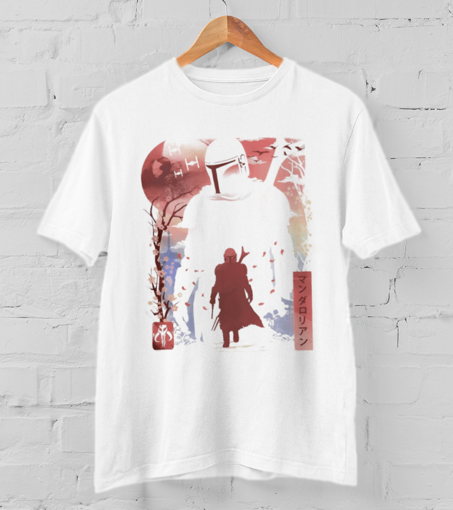 Lone Gunfighter Mandalorian Creed Japanese Text Star Wars Art Red Blue Yellow T-Shirt