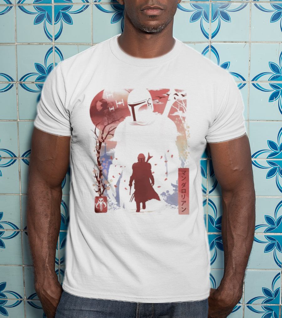 Lone Gunfighter Mandalorian Creed Japanese Text Star Wars Art Red Blue Yellow T-Shirt