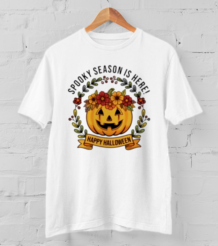 Spooky Season Is Here Happy Halloween Pumpkin With Flowers T-Shirt