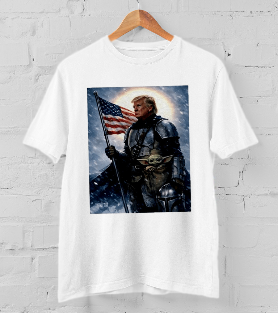 Donald Trump As The Mandalorian Holding American Flag With Grogu Star Wars T-Shirt