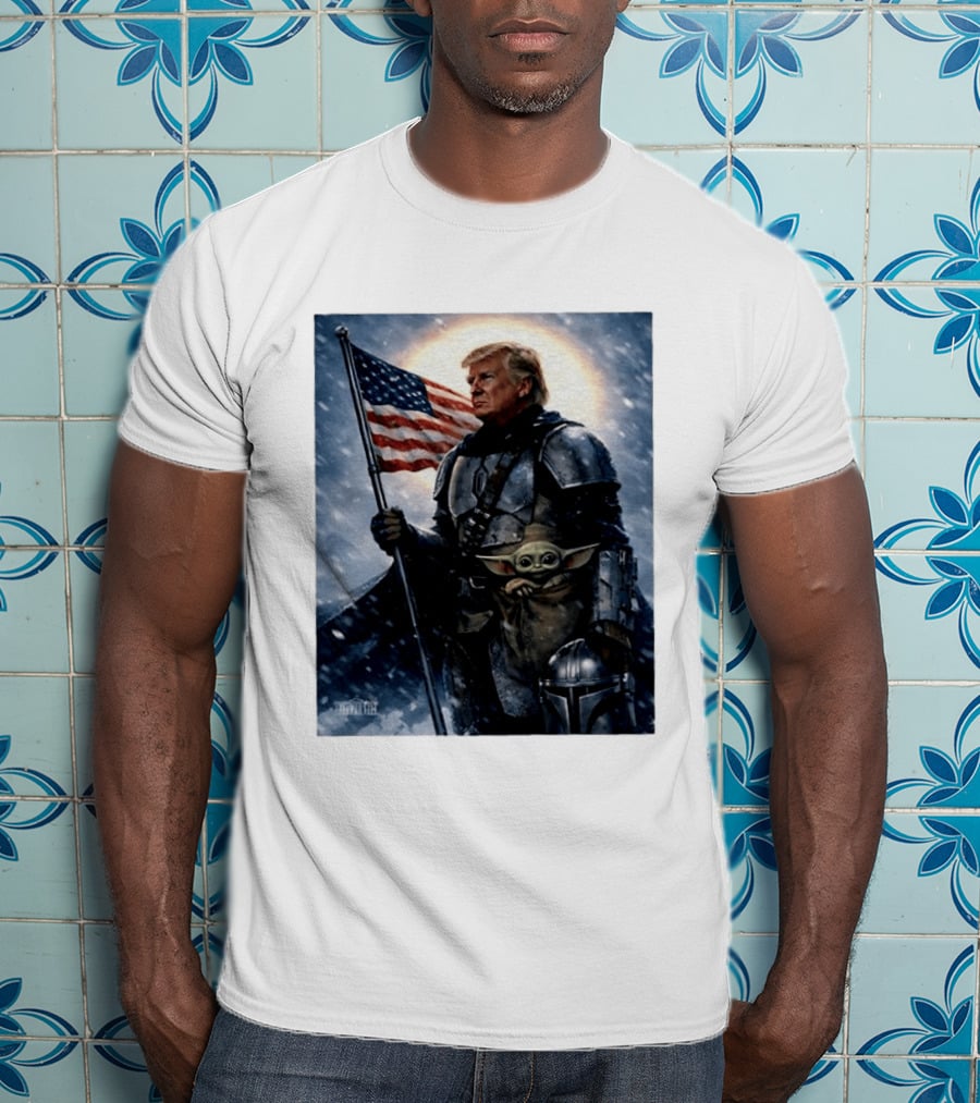 Donald Trump As The Mandalorian Holding American Flag With Grogu Star Wars T-Shirt