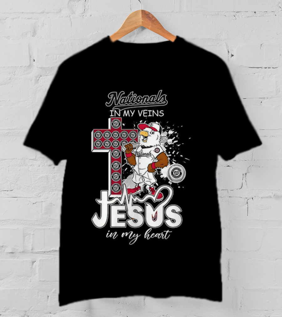 Nationals In My Veins Jesus In My Heart Baseball Cross Christian T-Shirt