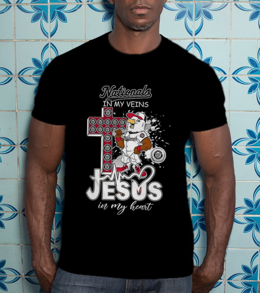 Nationals In My Veins Jesus In My Heart Baseball Cross Christian T-Shirt