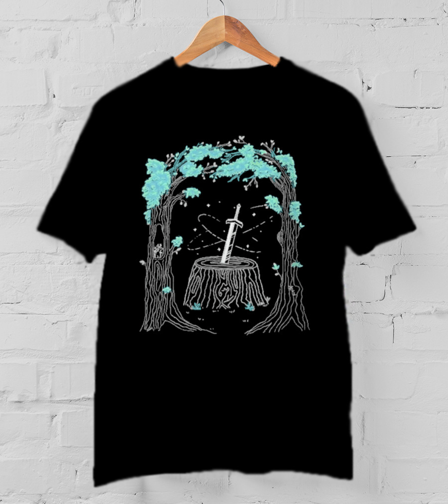 Mythical Golden Sword In Stone Amid Enchanted Forest Mythicality 2026 T-Shirt