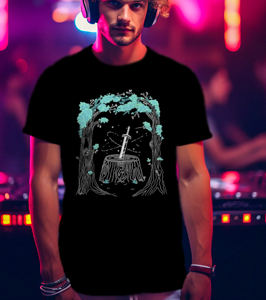Mythical Golden Sword In Stone Amid Enchanted Forest Mythicality 2026 T-Shirt