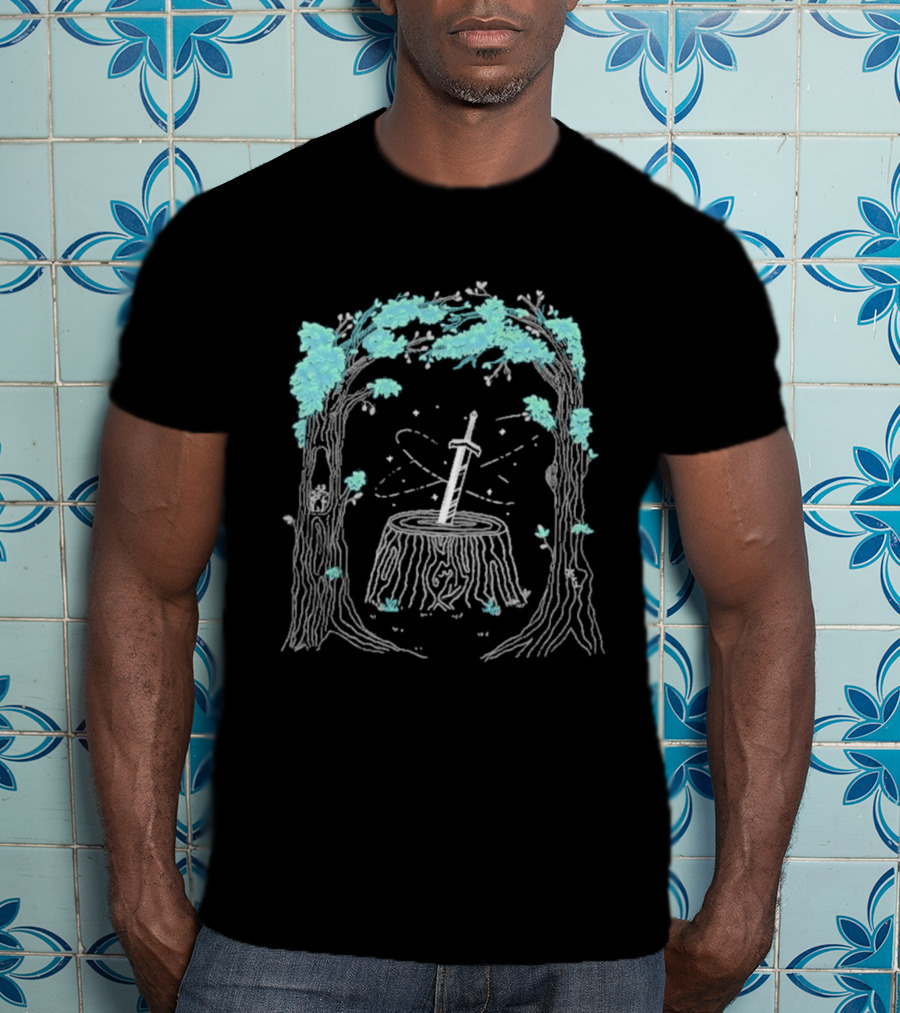 Mythical Golden Sword In Stone Amid Enchanted Forest Mythicality 2026 T-Shirt