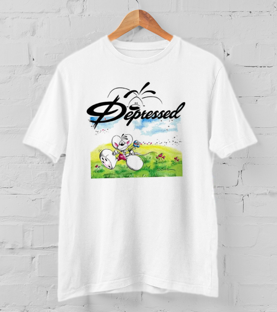 Depressed Diddl White Gerbil Cartoon In Spring Meadow T-Shirt