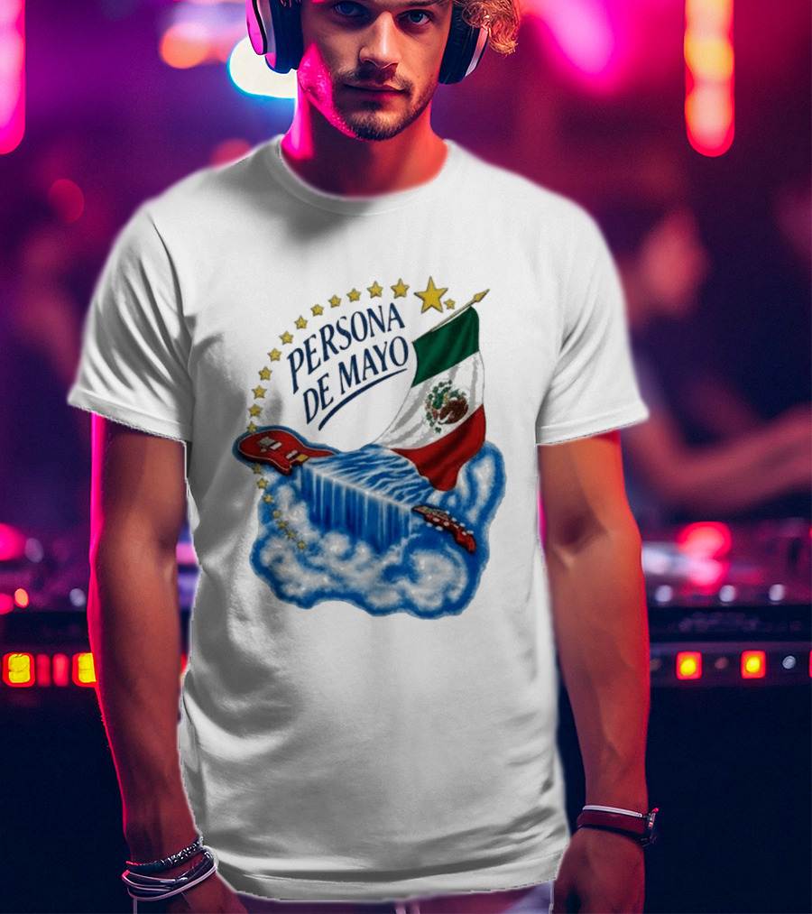 Persona De Mayo Mexican Flag Guitar Waterfall Stars T-Shirt