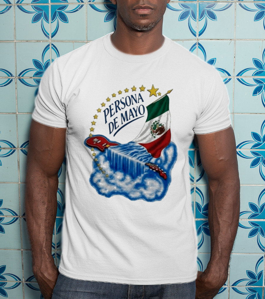 Persona De Mayo Mexican Flag Guitar Waterfall Stars T-Shirt