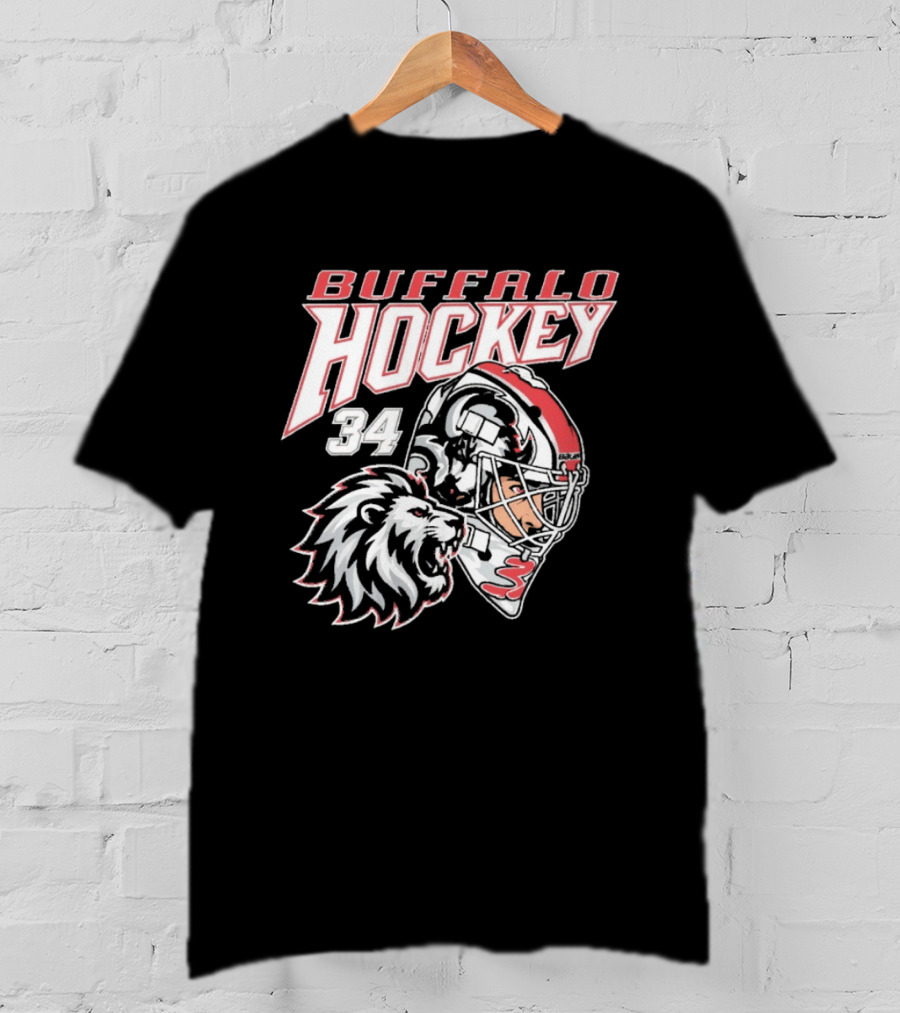 Buffalo Hockey 34 The Lyons Den Lion And Hockey Helmet T-Shirt