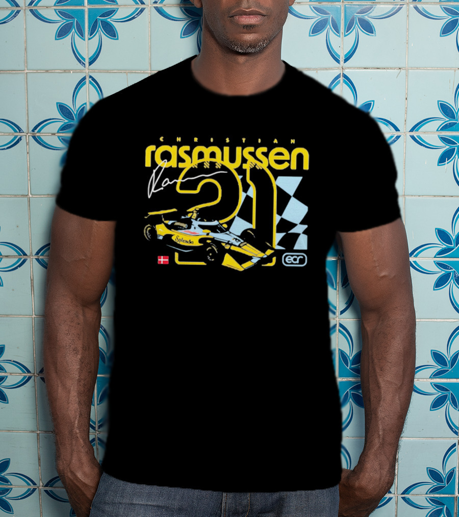 Christian Rasmussen ECR Number 21 Racing Splendor Denmark Flag Checkerboard T-Shirt