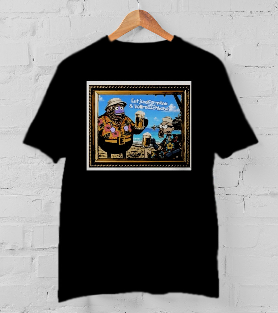 Entjungfermann And Vollrauschbube Tropical Beach Cartoon Characters Cheers With Beer T-Shirt