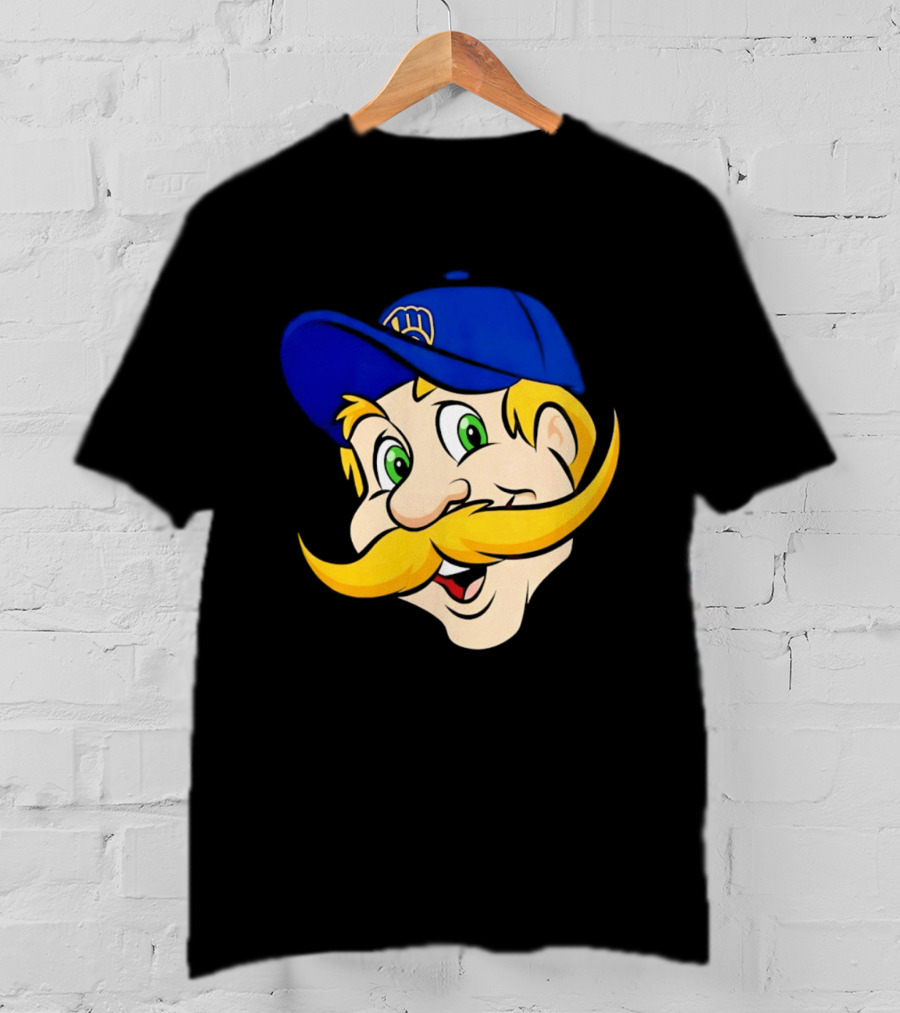 Milwaukee Brewers Big Face Mascot With Blue Cap And Mustache T-Shirt