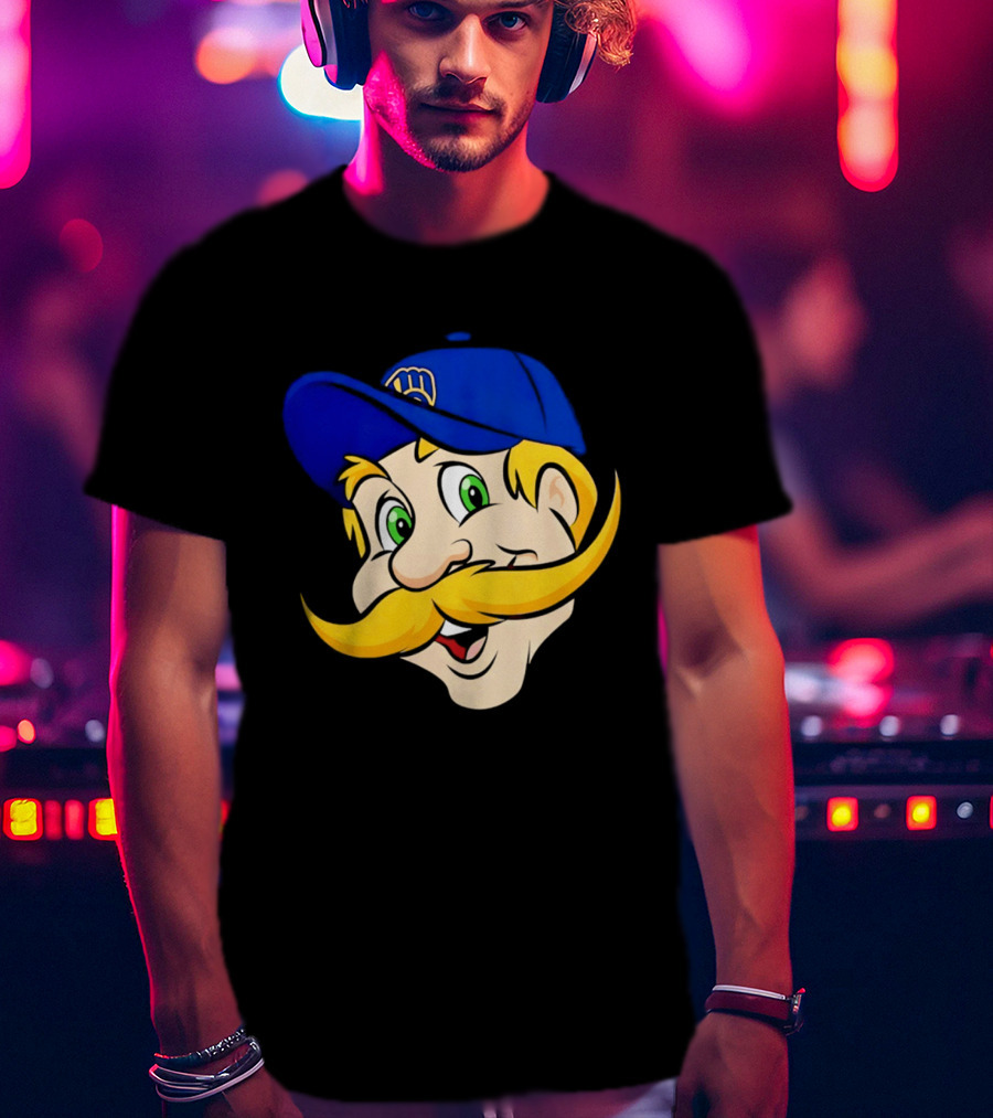 Milwaukee Brewers Big Face Mascot With Blue Cap And Mustache T-Shirt