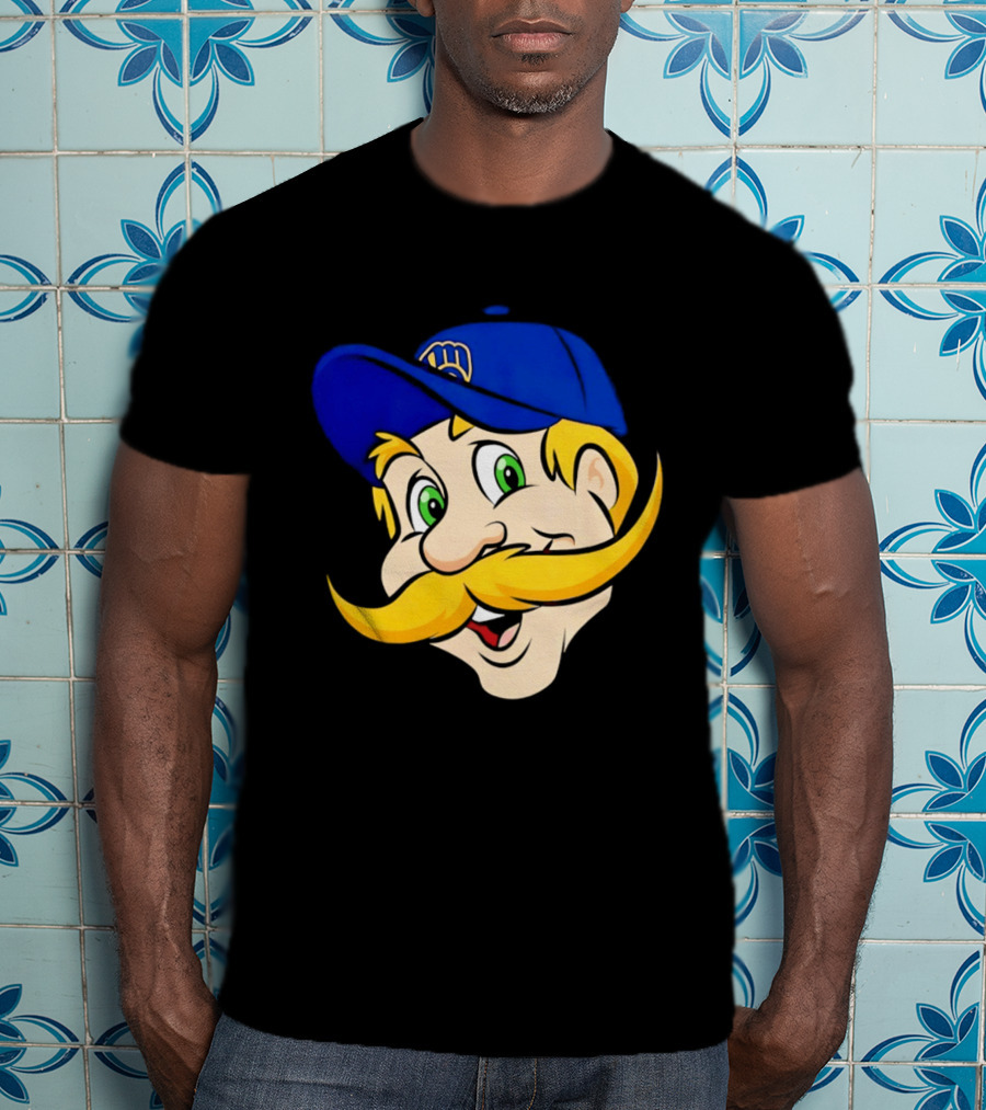 Milwaukee Brewers Big Face Mascot With Blue Cap And Mustache T-Shirt