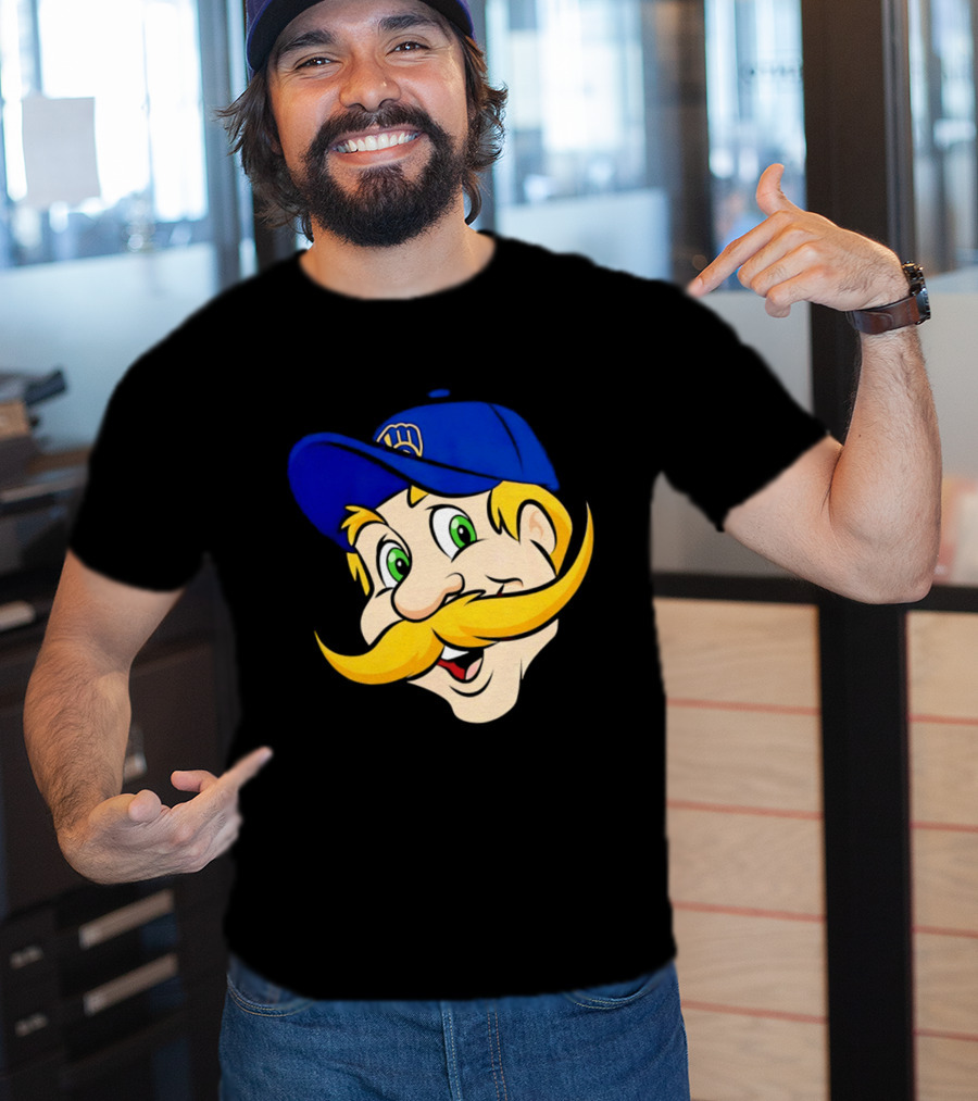 Milwaukee Brewers Big Face Mascot With Blue Cap And Mustache T-Shirt