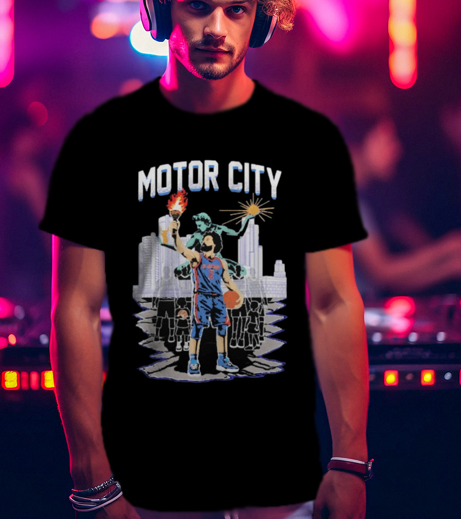 Motor City Detroit Pistons Cade Cunningham Torch Skyline T-Shirt