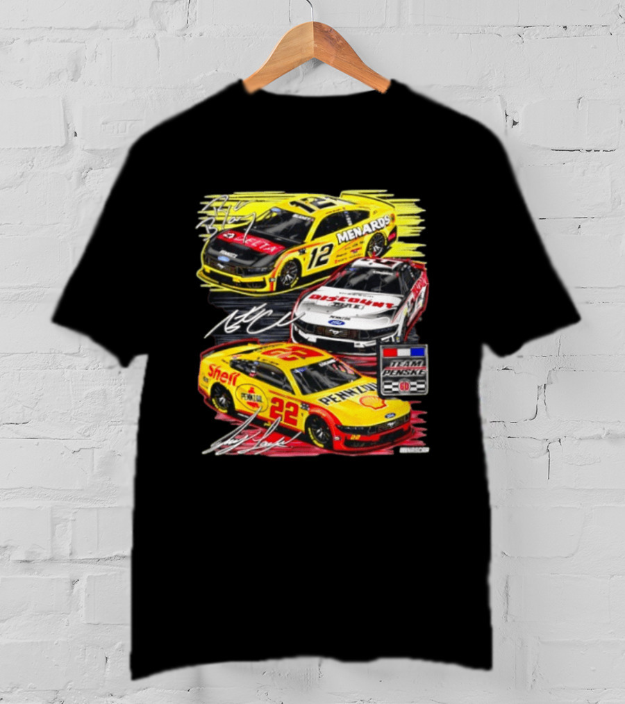 Team Penske 60th Anniversary NASCAR Racing Cars With Menards Shell Pennzoil Discount Tire Sponsors And Driver Signatures T-Shirt
