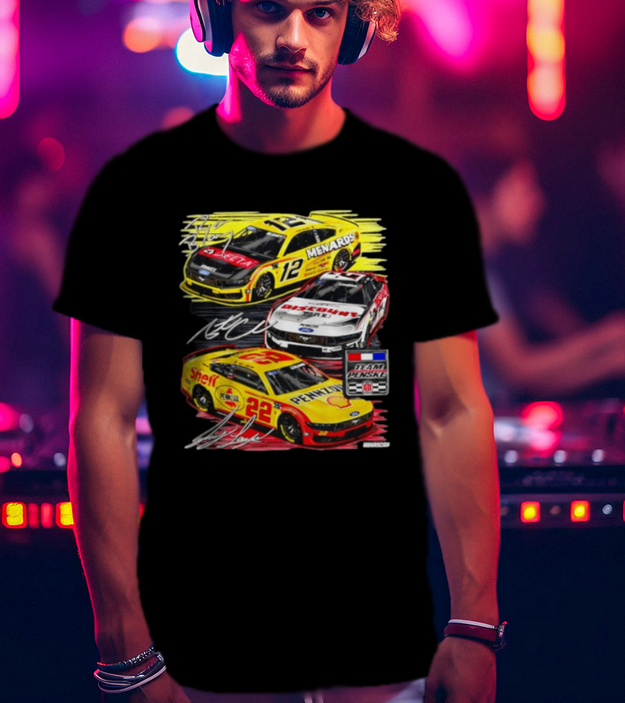 Team Penske 60th Anniversary NASCAR Racing Cars With Menards Shell Pennzoil Discount Tire Sponsors And Driver Signatures T-Shirt