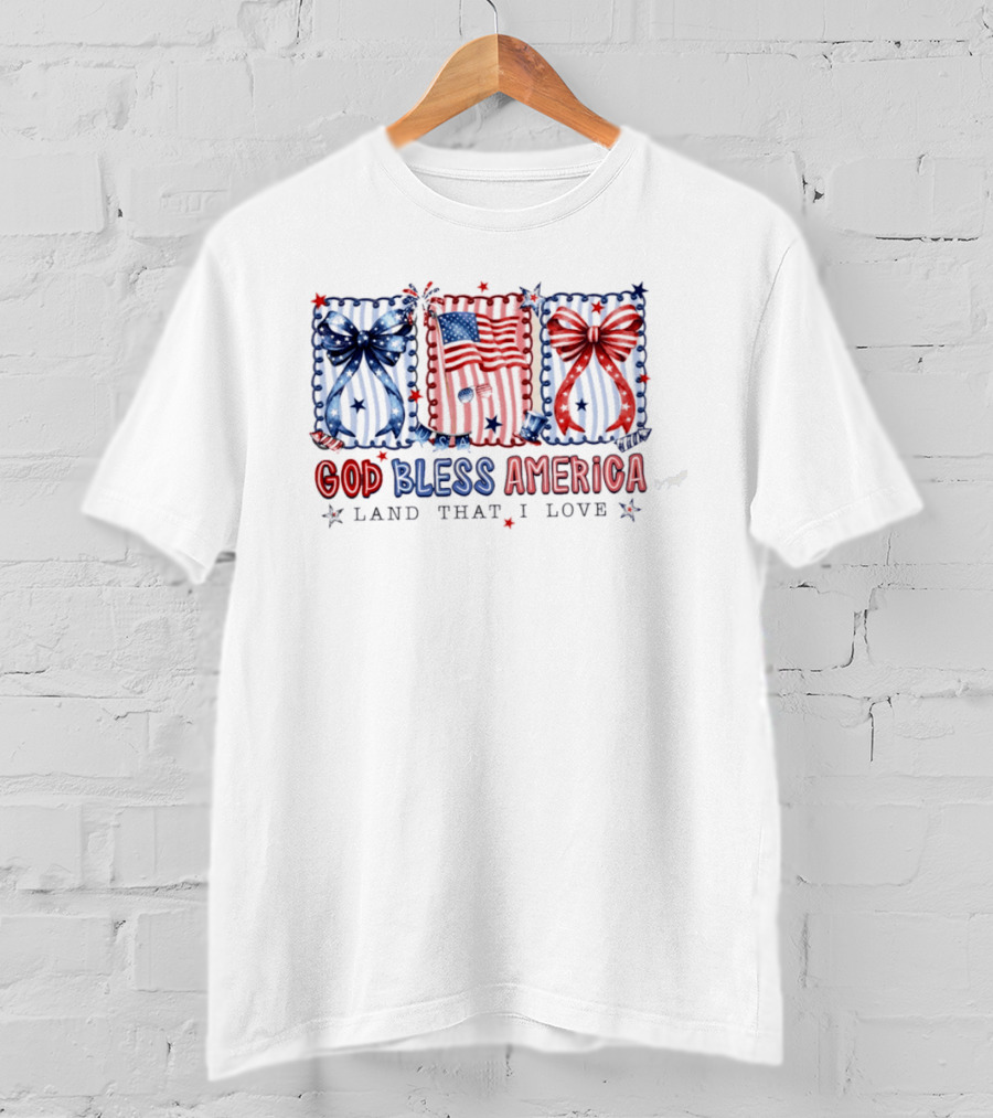 Coquette God Bless America Land That I Love Patriotic Fourth Of July Bows And Flags T-Shirt