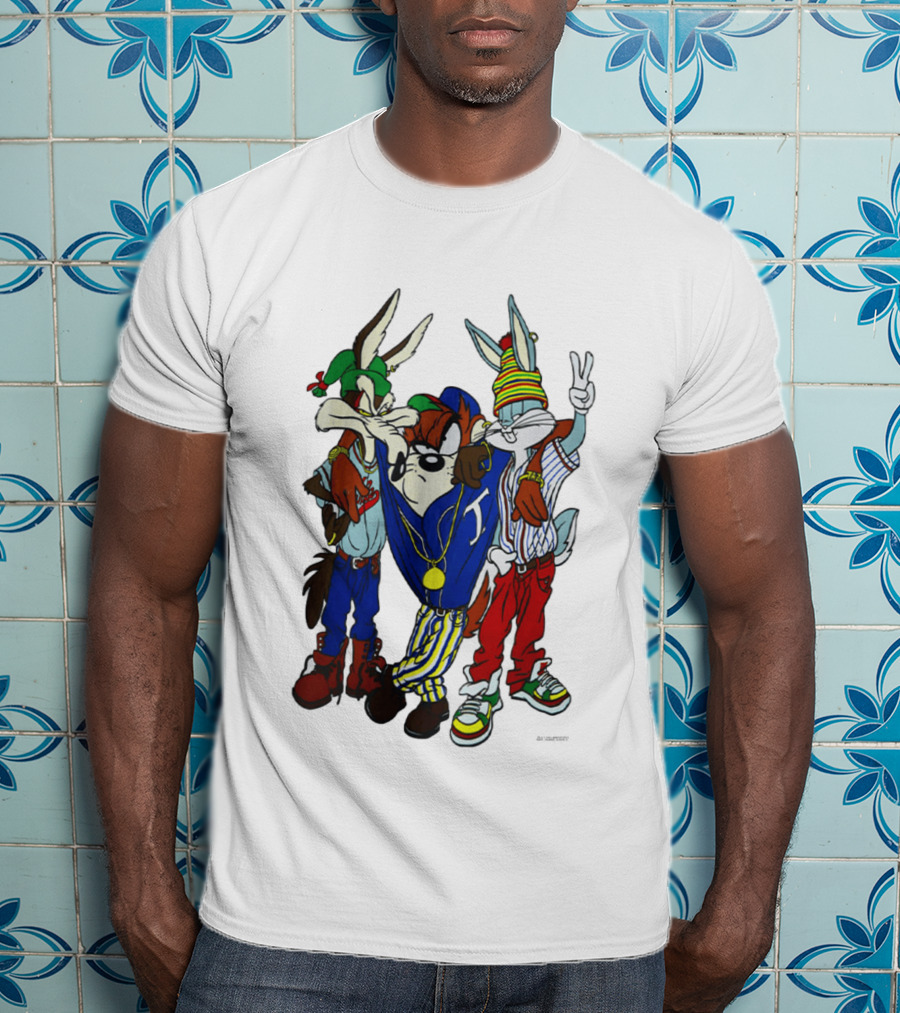 Rare Looney Tunes Hip Hop Bugs Taz Wile E Coyote Peace Sign Pose T-Shirt
