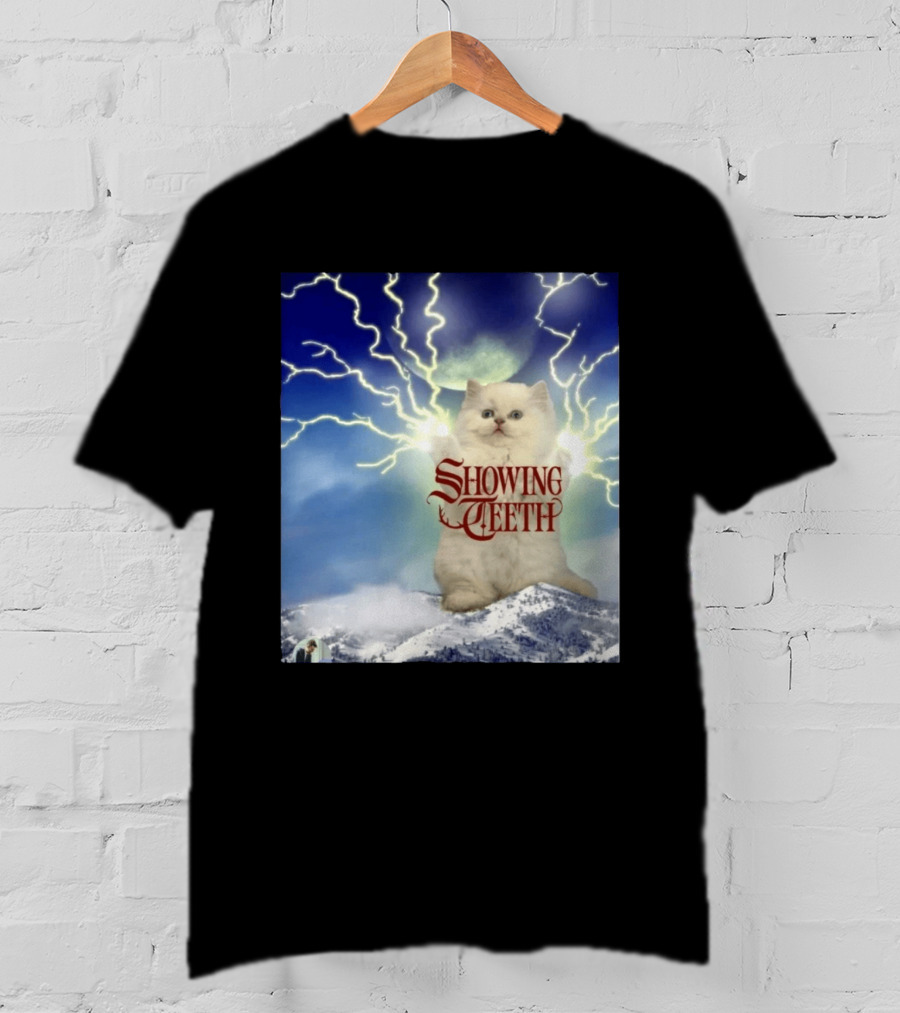 Showing Teeth Cat With Lightning Background In Blue Sky T-Shirt