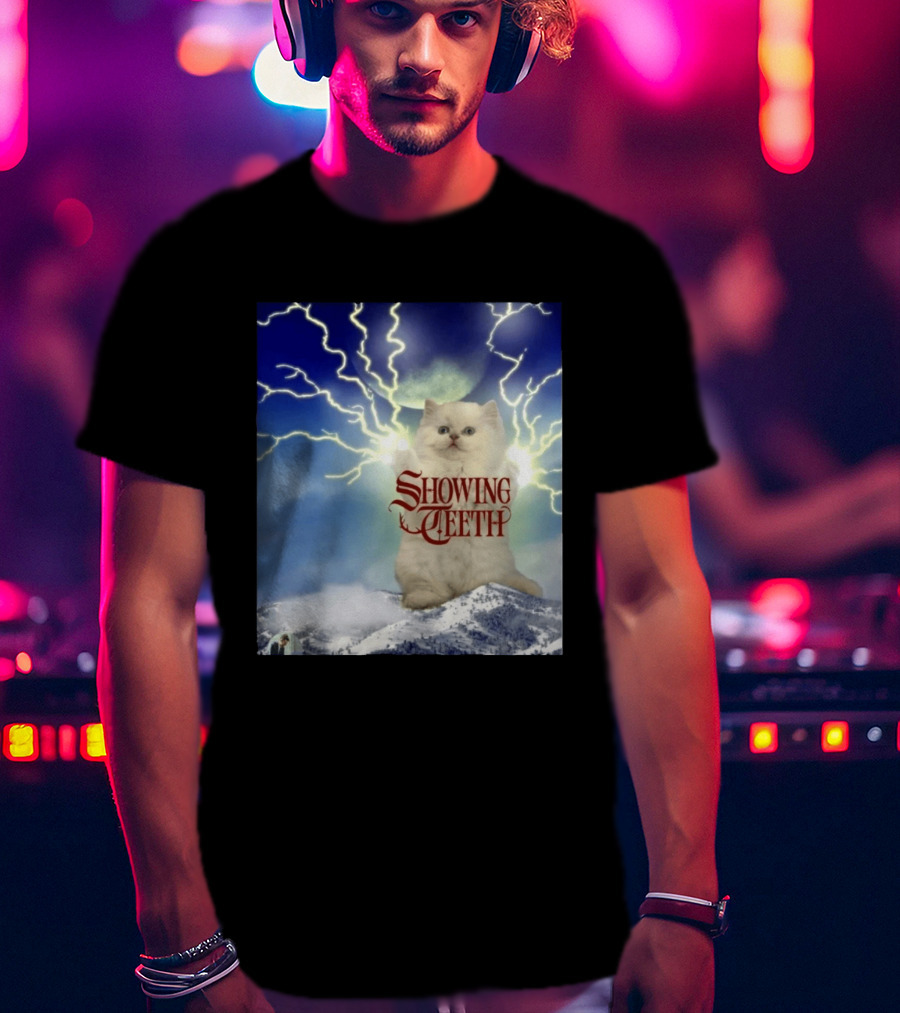Showing Teeth Cat With Lightning Background In Blue Sky T-Shirt