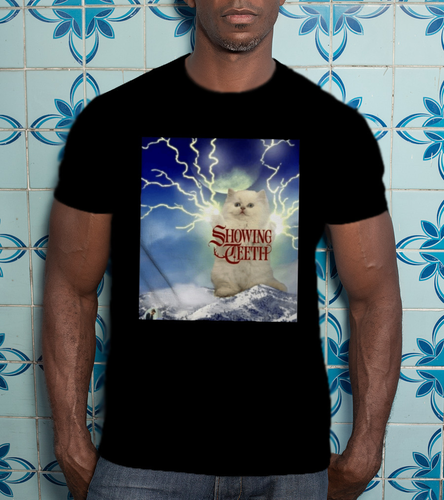 Showing Teeth Cat With Lightning Background In Blue Sky T-Shirt