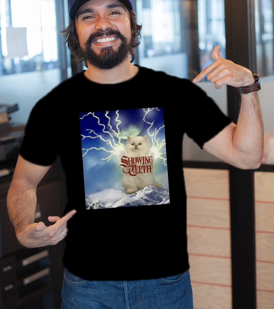 Showing Teeth Cat With Lightning Background In Blue Sky T-Shirt