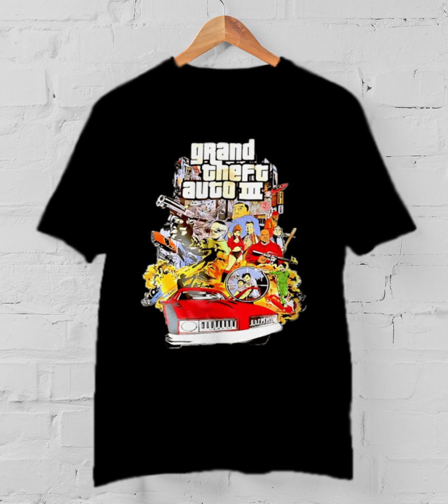 Grand Theft Auto III Characters Action Collage With Iconic Red Car T-Shirt