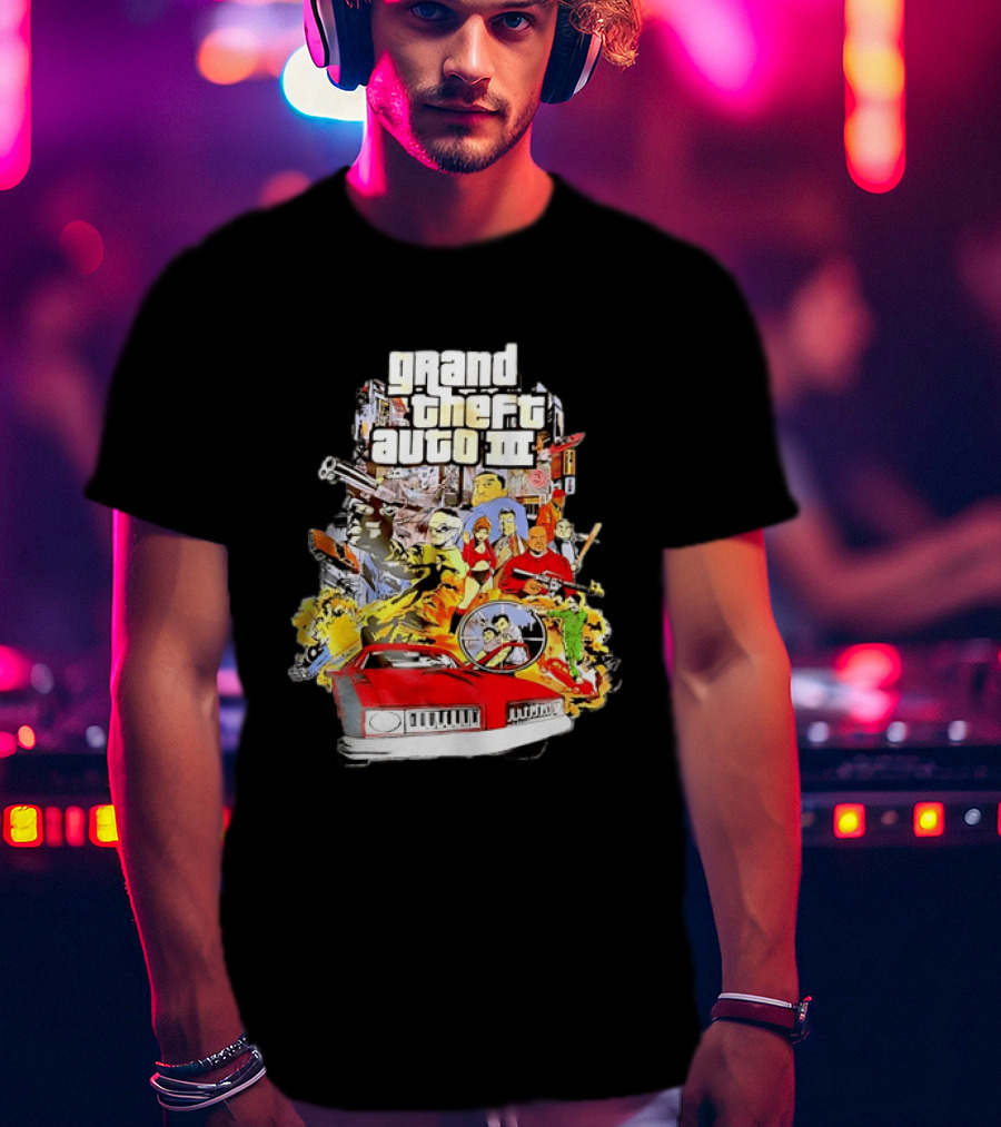 Grand Theft Auto III Characters Action Collage With Iconic Red Car T-Shirt