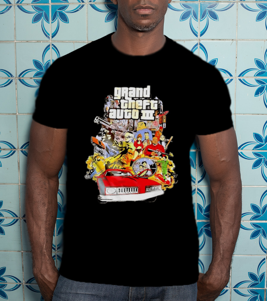 Grand Theft Auto III Characters Action Collage With Iconic Red Car T-Shirt