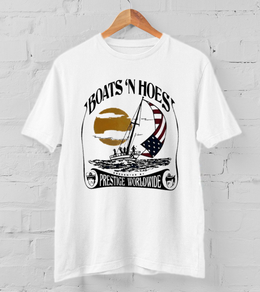 Boats N Hoes Prestige Worldwide USA Flag Sailing Sun Ocean T-Shirt