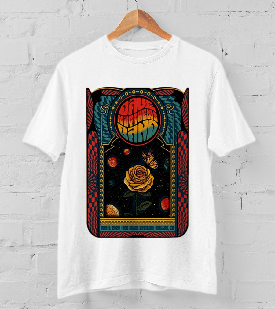 Dave Matthews Band May 9 2026 Dos Equis Pavilion Dallas TX Retro Psychedelic Butterfly Rose Planet T-Shirt