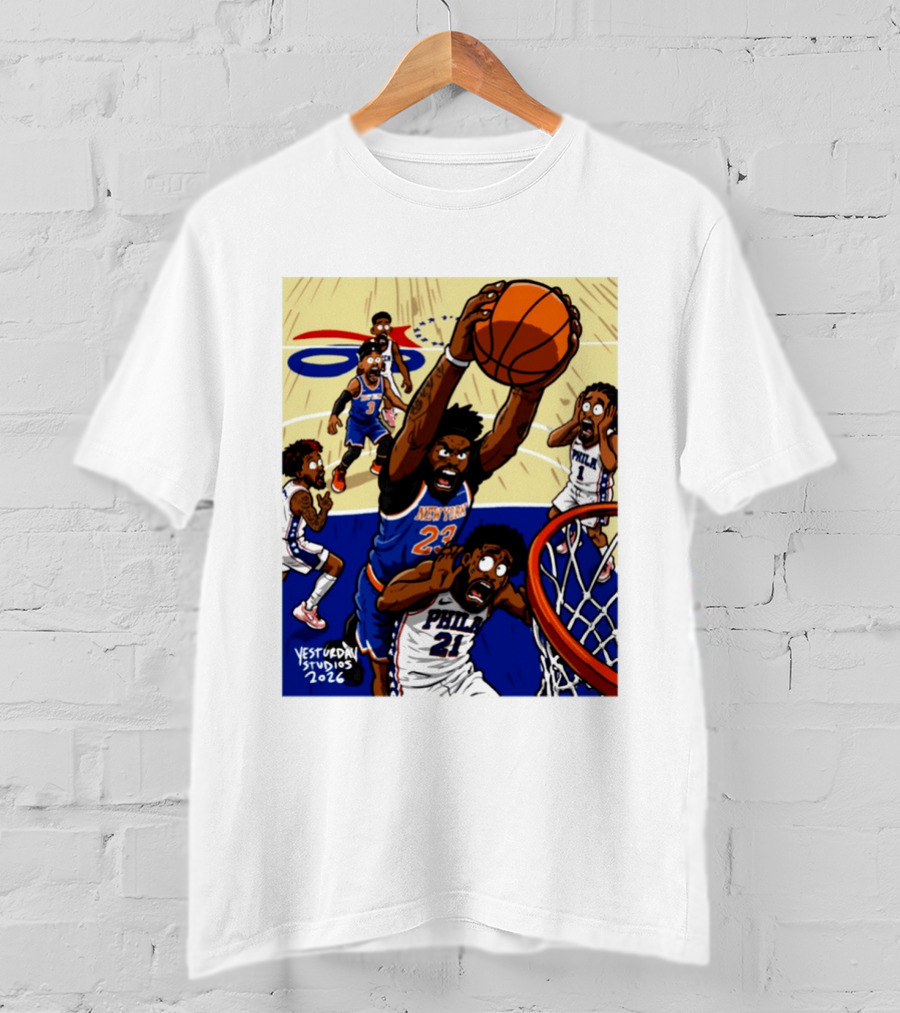 New York Knicks Mitchell Robinson Dunking On Philadelphia Joel Embiid Caricature 2026 Basketball Action T-Shirt