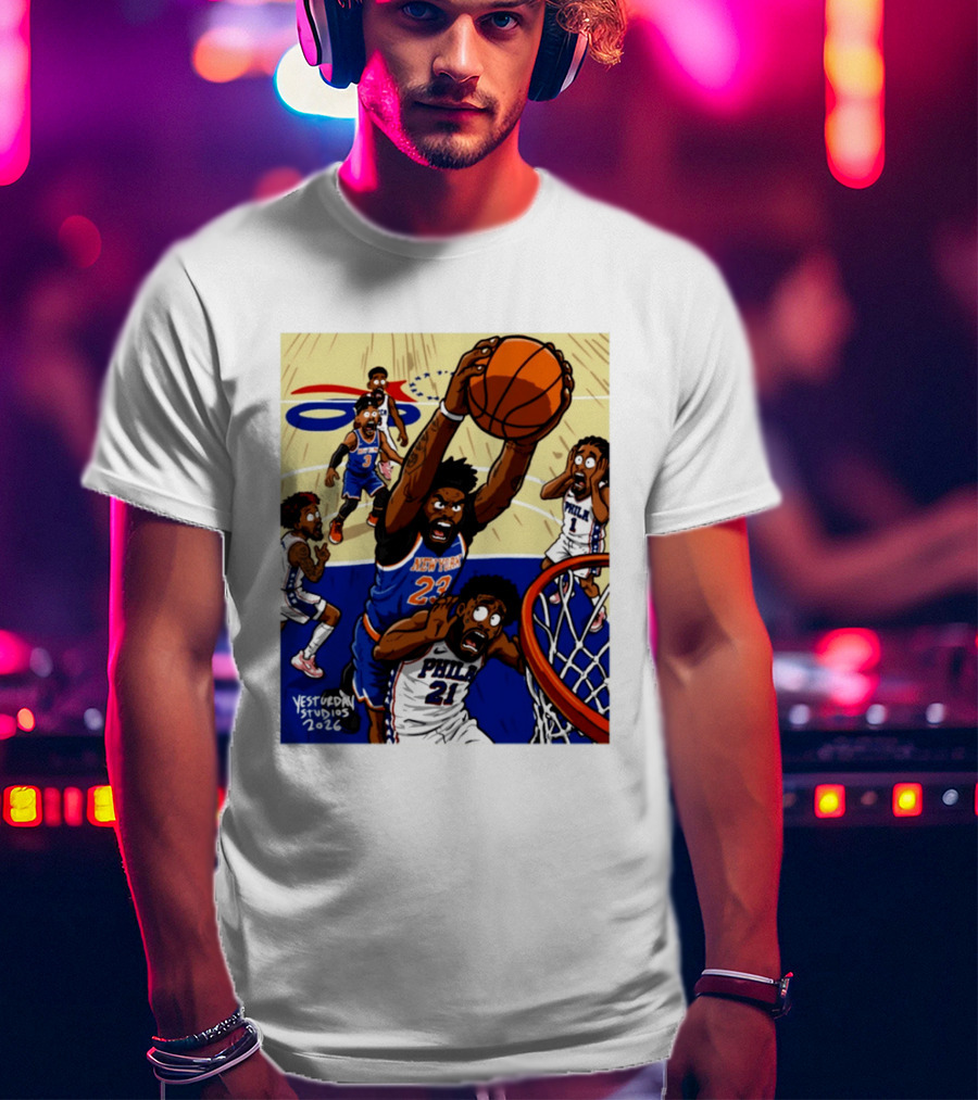 New York Knicks Mitchell Robinson Dunking On Philadelphia Joel Embiid Caricature 2026 Basketball Action T-Shirt