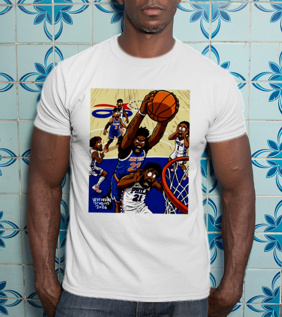 New York Knicks Mitchell Robinson Dunking On Philadelphia Joel Embiid Caricature 2026 Basketball Action T-Shirt