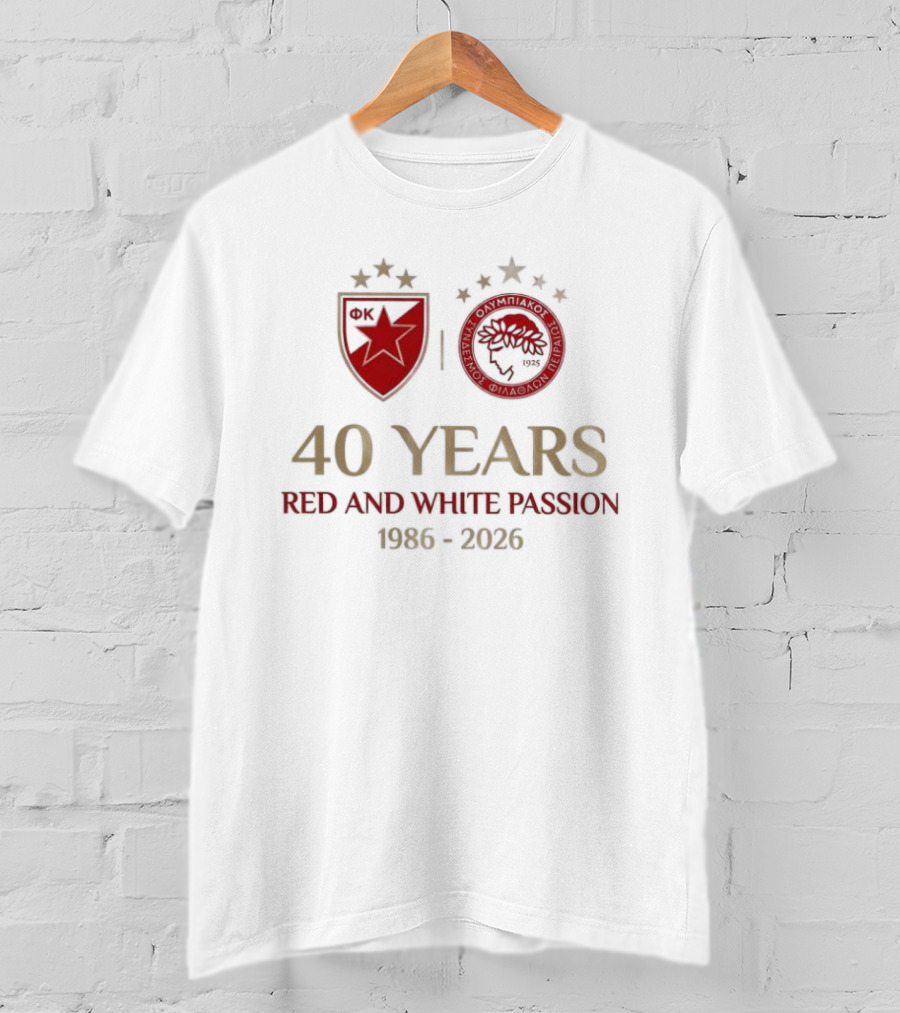 Olympiacos FC 40 Years Red And White Passion 1986 2026 T-Shirt