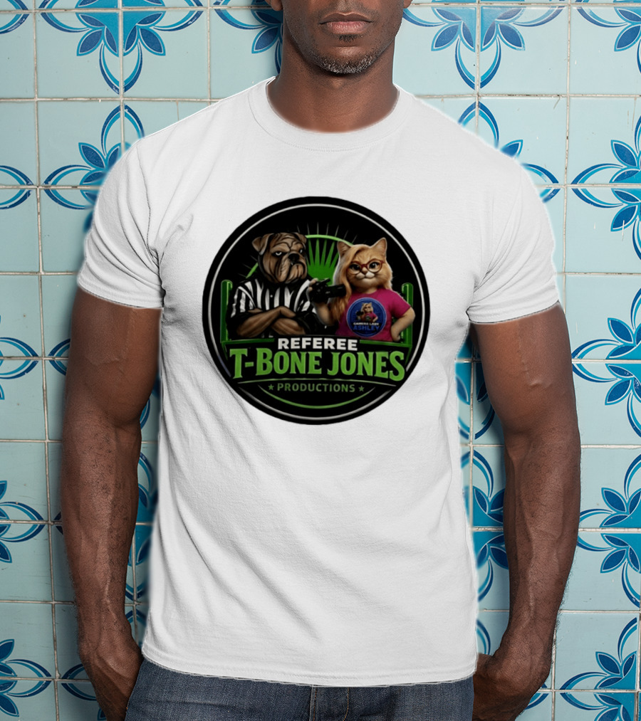 Referee Bone Jones Productions Light Blue Gaming Ashley Bulldog Cat T-Shirt