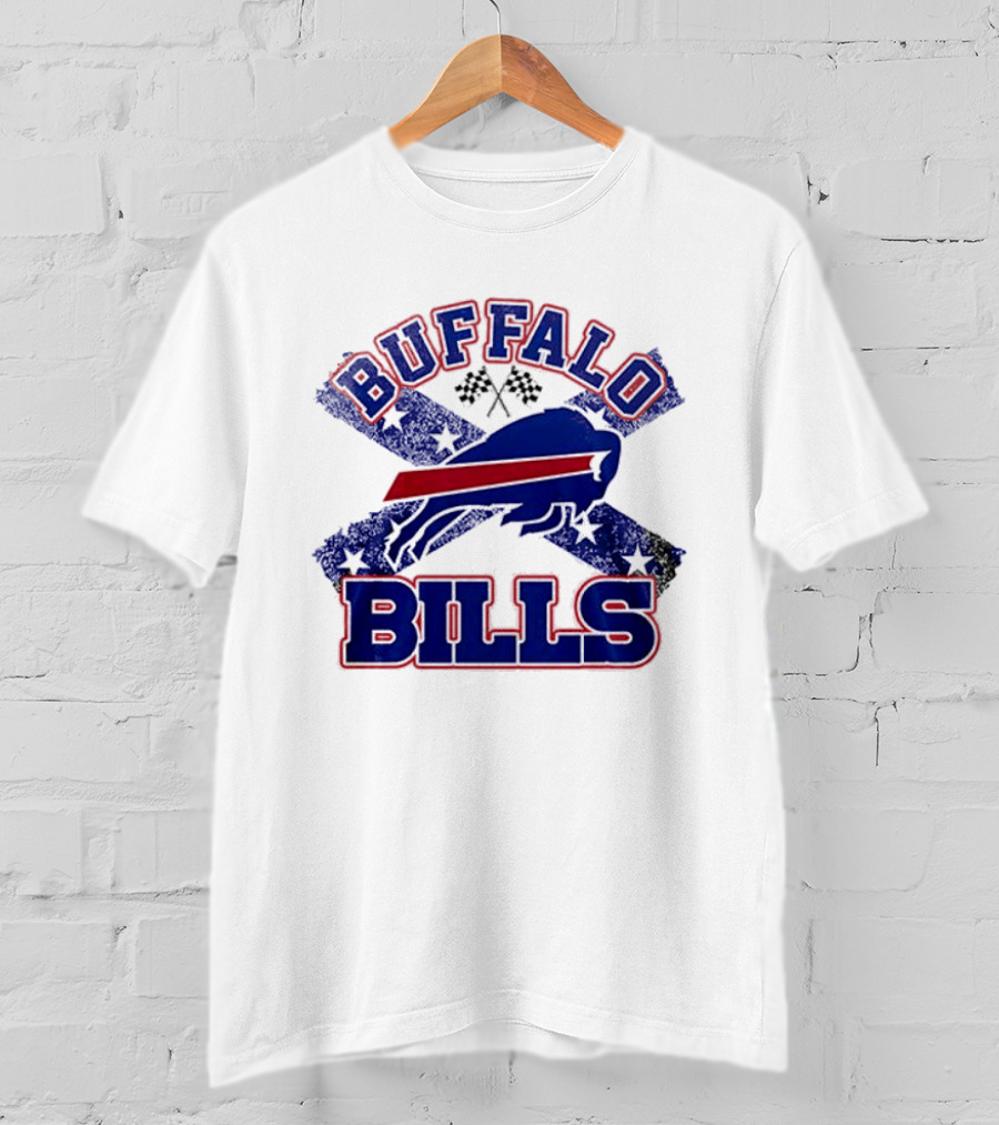 Buffalo Bills Caricature With Flag And Crossed Checkered Flags T-Shirt