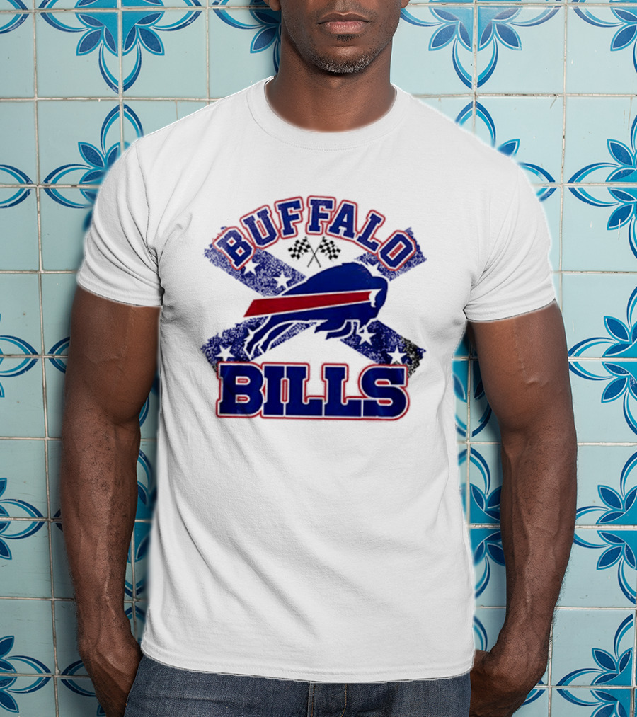 Buffalo Bills Caricature With Flag And Crossed Checkered Flags T-Shirt
